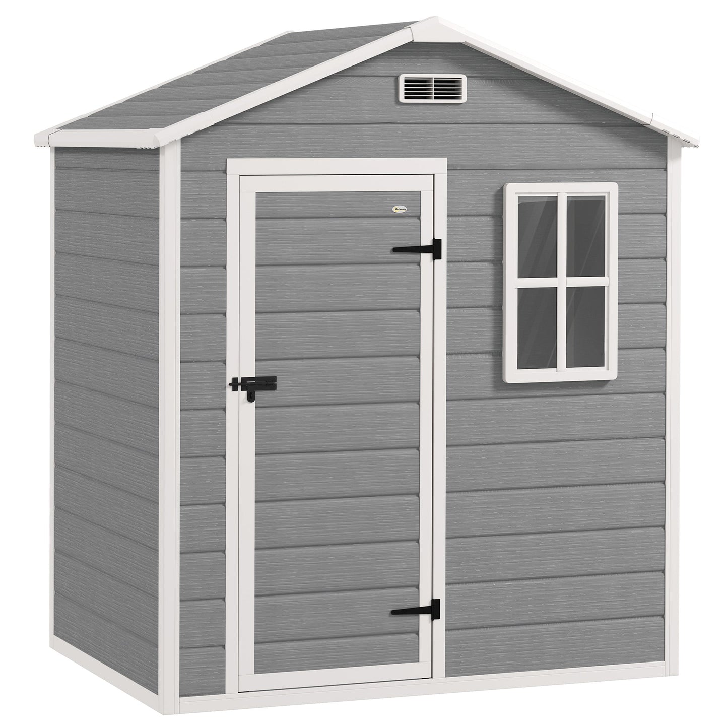 Outsunny 6 x 4ft Garden Shed, plastikowa szopa z podłogą, oknem, zamykanymi drzwiami i otworami wentylacyjnymi, imitacja drewna, szopa narzędziowa z żywicy na zewnątrz, szara