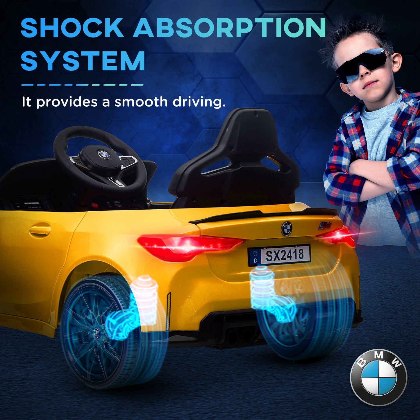 AIYAPLAY 12V BMW M4 Licencjonowany samochód dla dzieci z łatwym transportem, pilotem, zawieszeniem, muzyką, klaksonem, światłami LED, żółty