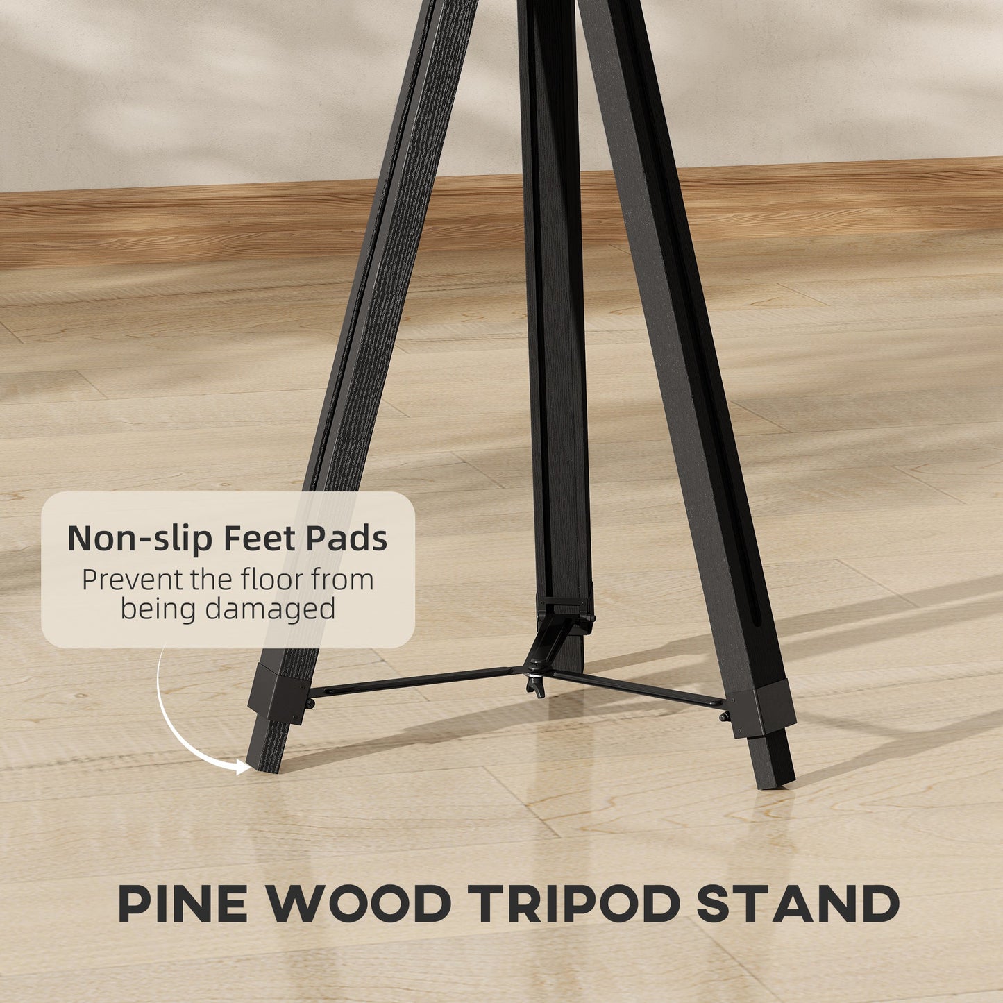 HOMCOM Industrial Tripod Floor Lamp, Nautical Searchlight with Adjustable Height, Wood Legs, E14 Lamp Base for Living Room, Bedroom, Black