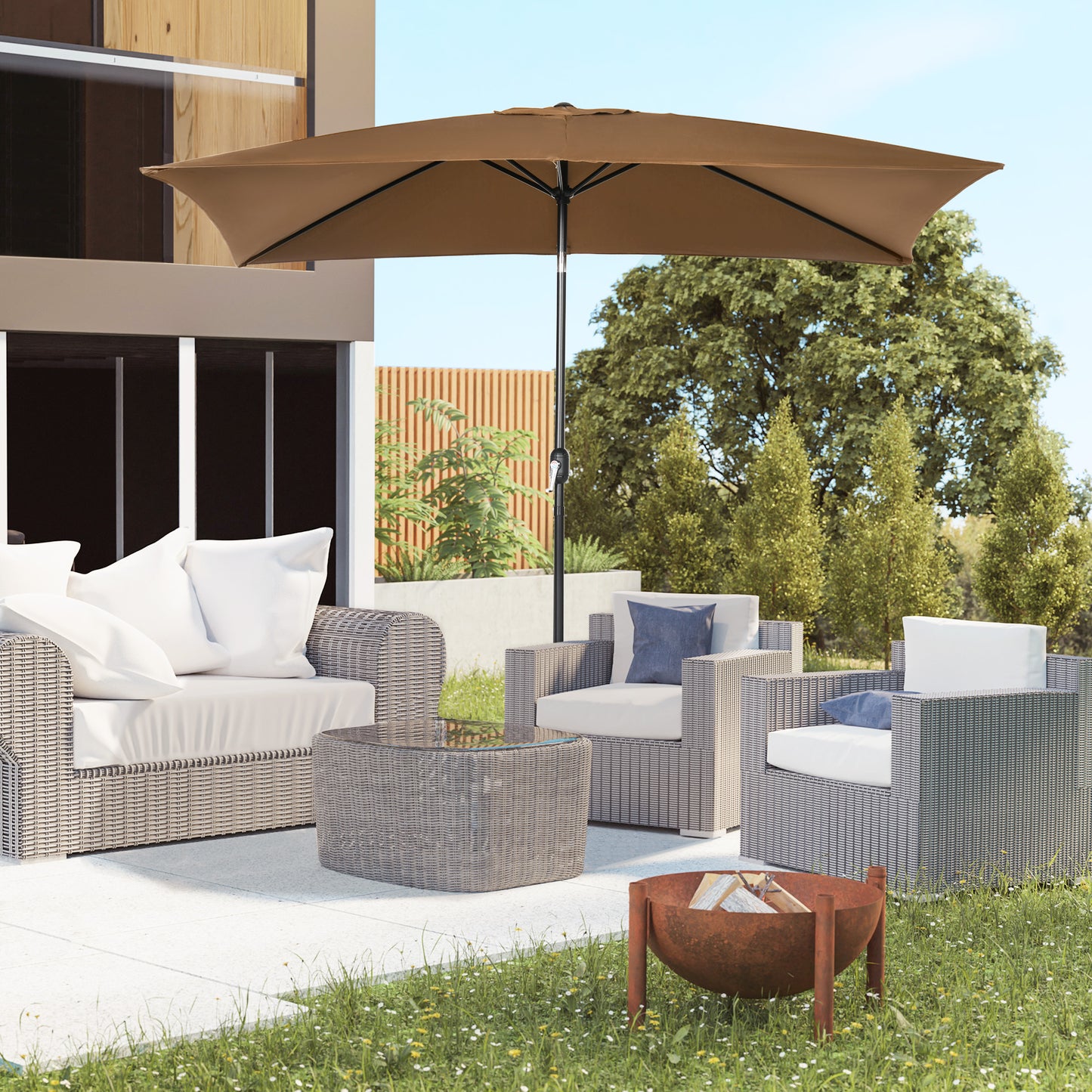 Outsunny 3x2m Parasol ogrodowy, zewnętrzny, z baldachimem przeciwsłonecznym i korbą, aluminiowa rama, prostokątna, brązowa