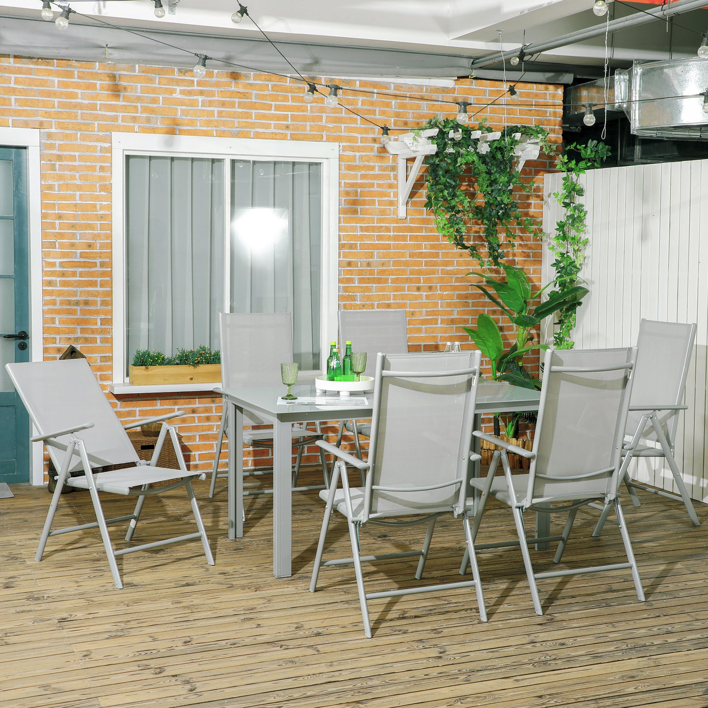 Outsunny 7-częściowy zestaw ogrodowy, stół ogrodowy i 6 składanych i rozkładanych krzeseł, aluminiowa rama, stół z blatem ze szkła hartowanego, siedziska Texteline, szary