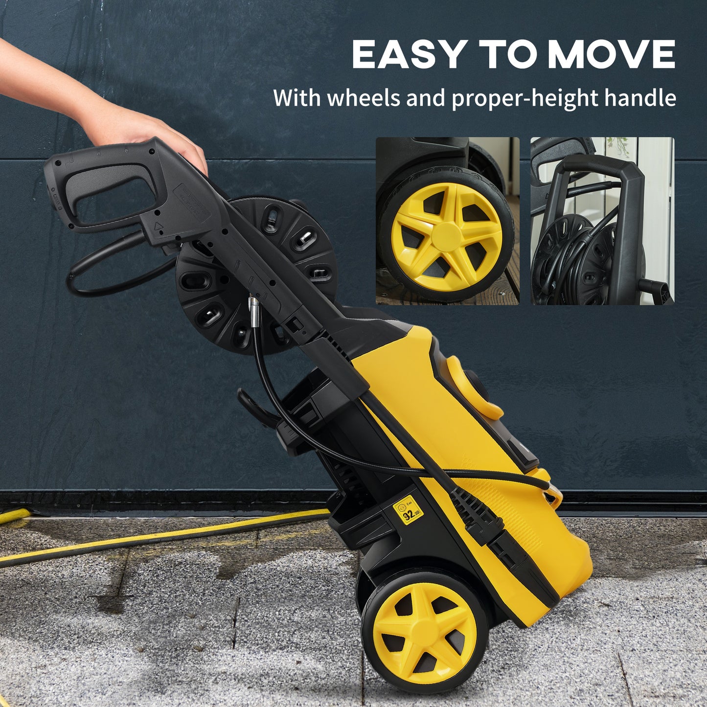 DURHAND 1800W High Pressure Washer, 150 Bar Pressure, 510 L/h Flow, High-Performance Portable Power Washer Jet Wash Cleaner with 6M Hose and Hose Reel for Garden, Car, Furniture, Yellow