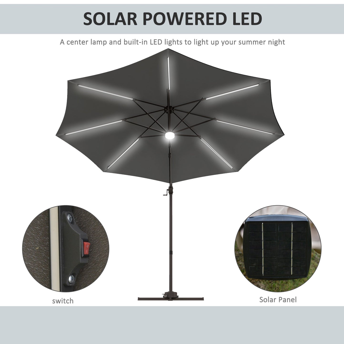 Parasol Outsunny Cantilever z oświetleniem LED i podstawą krzyżową - ciemnoszary