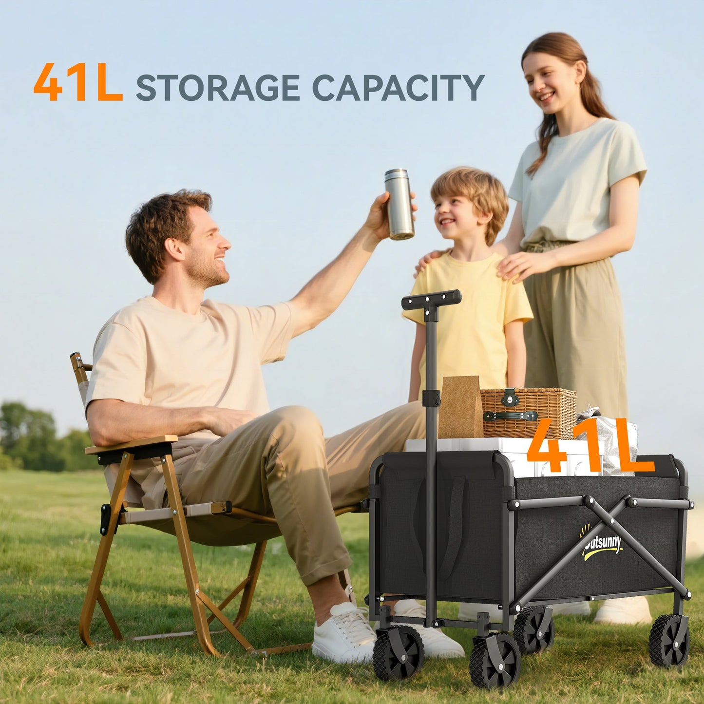 Outsunny 41L Festival Trolley on Wheels, Small Garden Folding Trolley Cart, 60kg Heavy Duty Collapsible Folding Wagon with Adjustable Handle and Carrying Bag for Beach, Camping, Festival, Black