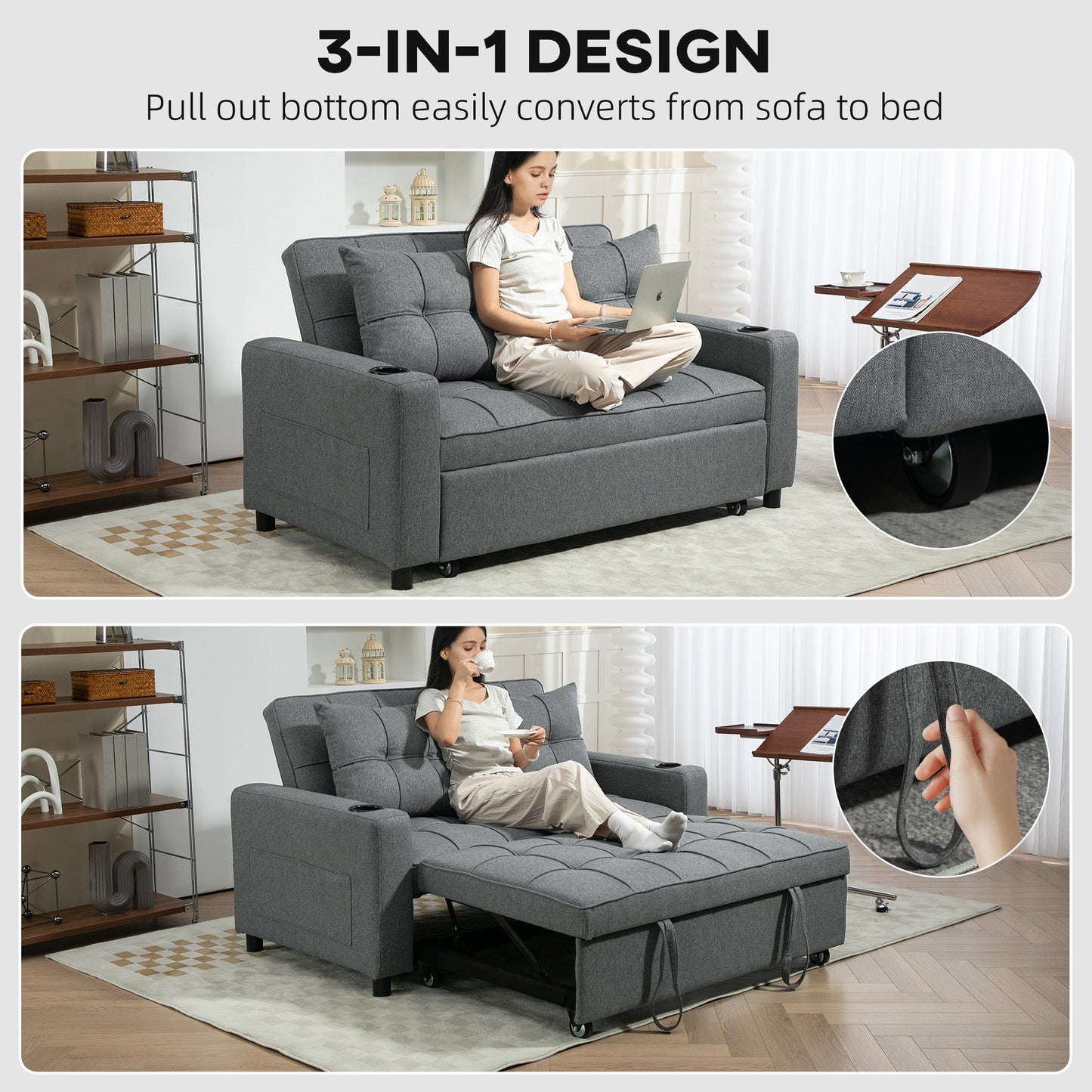 Rozkładana sofa dwuosobowa HOMCOM – antracytowa
