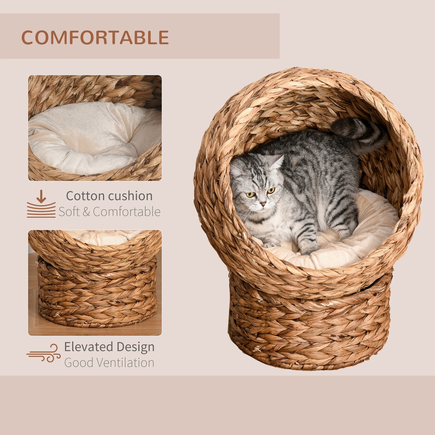 PawHut Wicker Cat Bed, Podwyższony Rattanowy Kosz dla Kota z Cylindryczną Podstawą, Miękka Zmywalna Poduszka, 42 x 33 x 52 cm - Brązowy