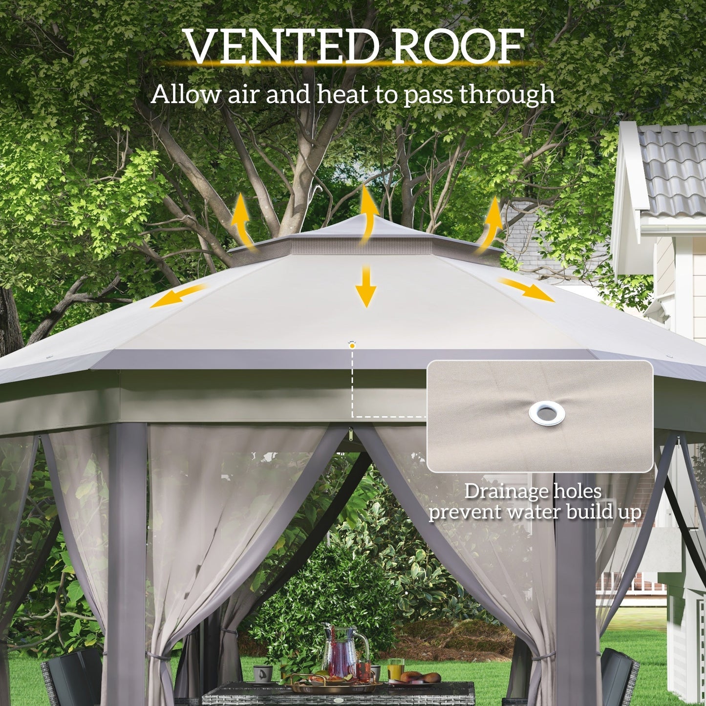 Outsunny 3 x 4m Garden Gazebo Hexagon Pop Up Gazebo Party Tent Canopy Double Roof Instant Shelter with Netting and Carry Bag for Outdoor Patio, Beige
