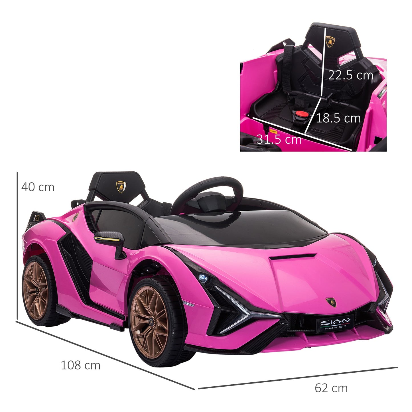 HOMCOM Lamborghini Sian Licencjonowany 12V Elektryczny Samochód Dziecięcy Do Jazdy 2 Silniki Zabawka Samochodzik Z Pilotem Muzyka Światła MP3 dla 3-5 Lat Różowy