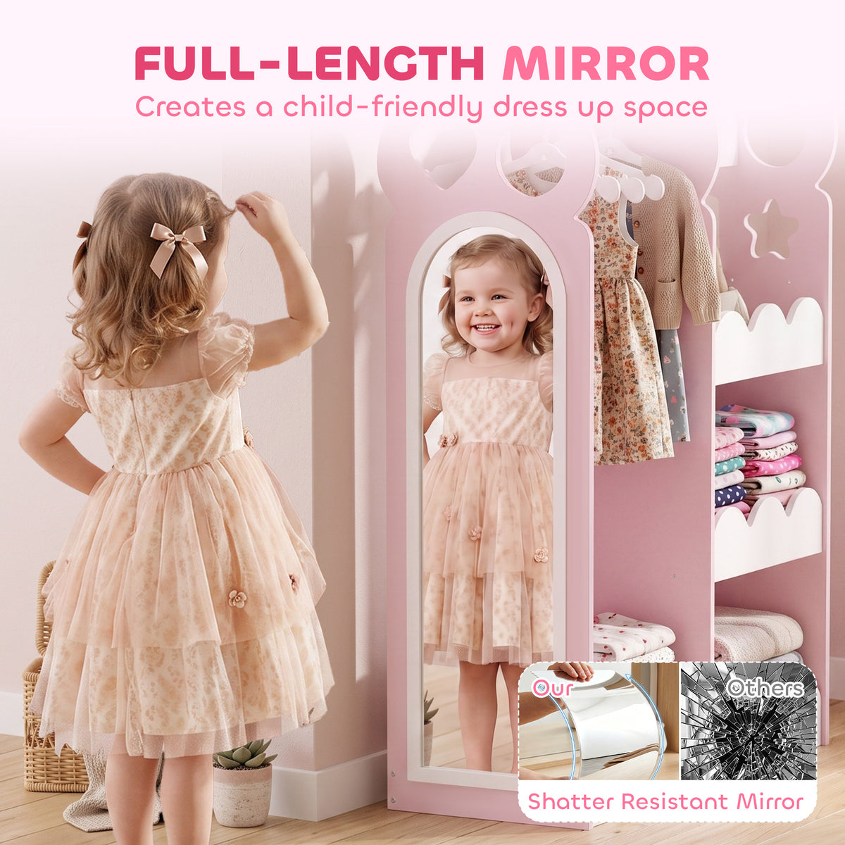 AIYAPLAY Kids Wardrobe, Children Dress Up Storage with Mirror, Clothes Rail, Shelves, Hangers for Girls Boys Bedroom Nursery Pink