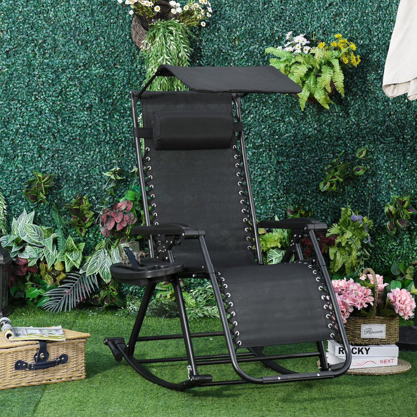 Outsunny Garden Rocking Chair składany fotel rozkładany na zewnątrz regulowany leżak bujany Zero-Gravity Seat z zagłówkiem uchwyt boczny Patio Deck - czarny