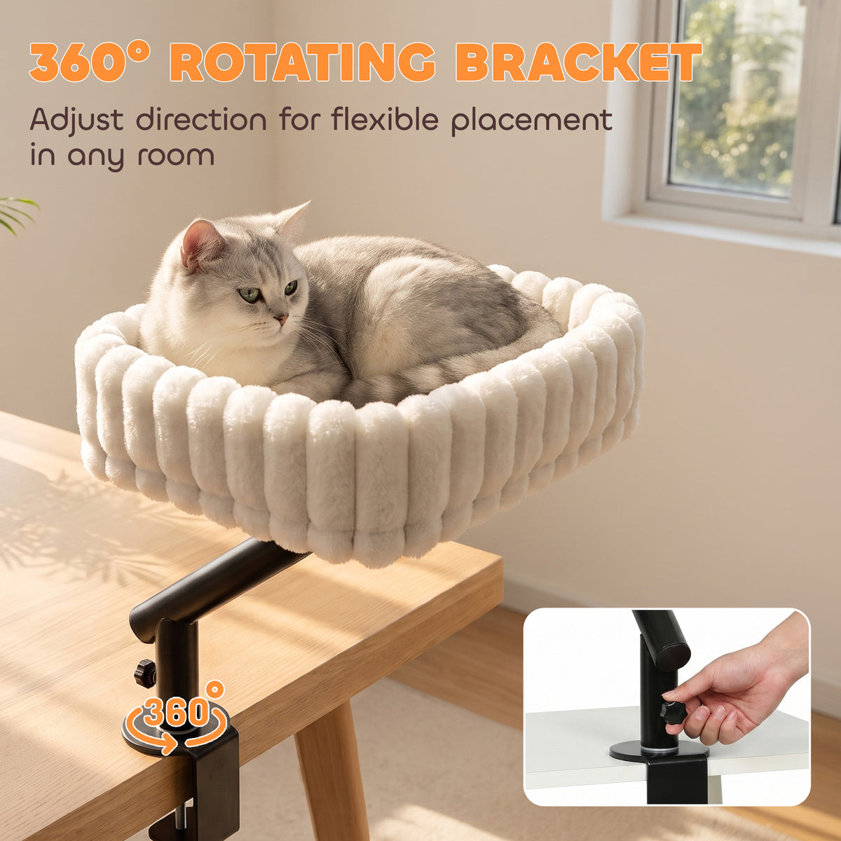 PawHut Cat Desk Bed, Rotatable Raised Cat House for Desk, Window, Soft Kitten Hammock with Hanging Ball, White