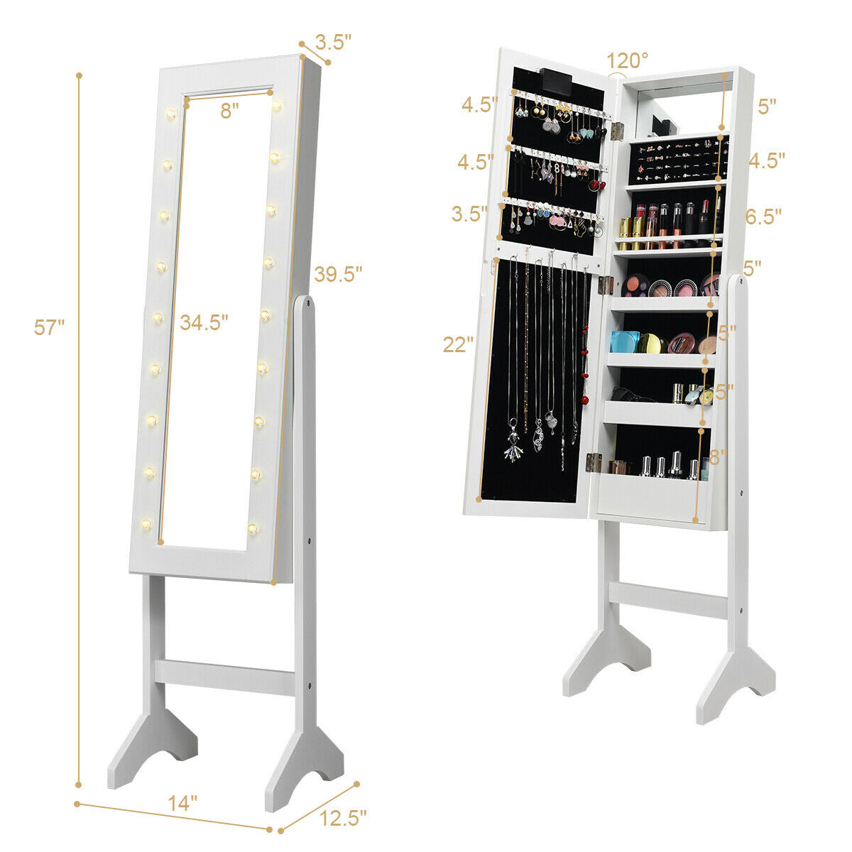 Standing Jewelry Armoire with 18 LED Lights & Mirror