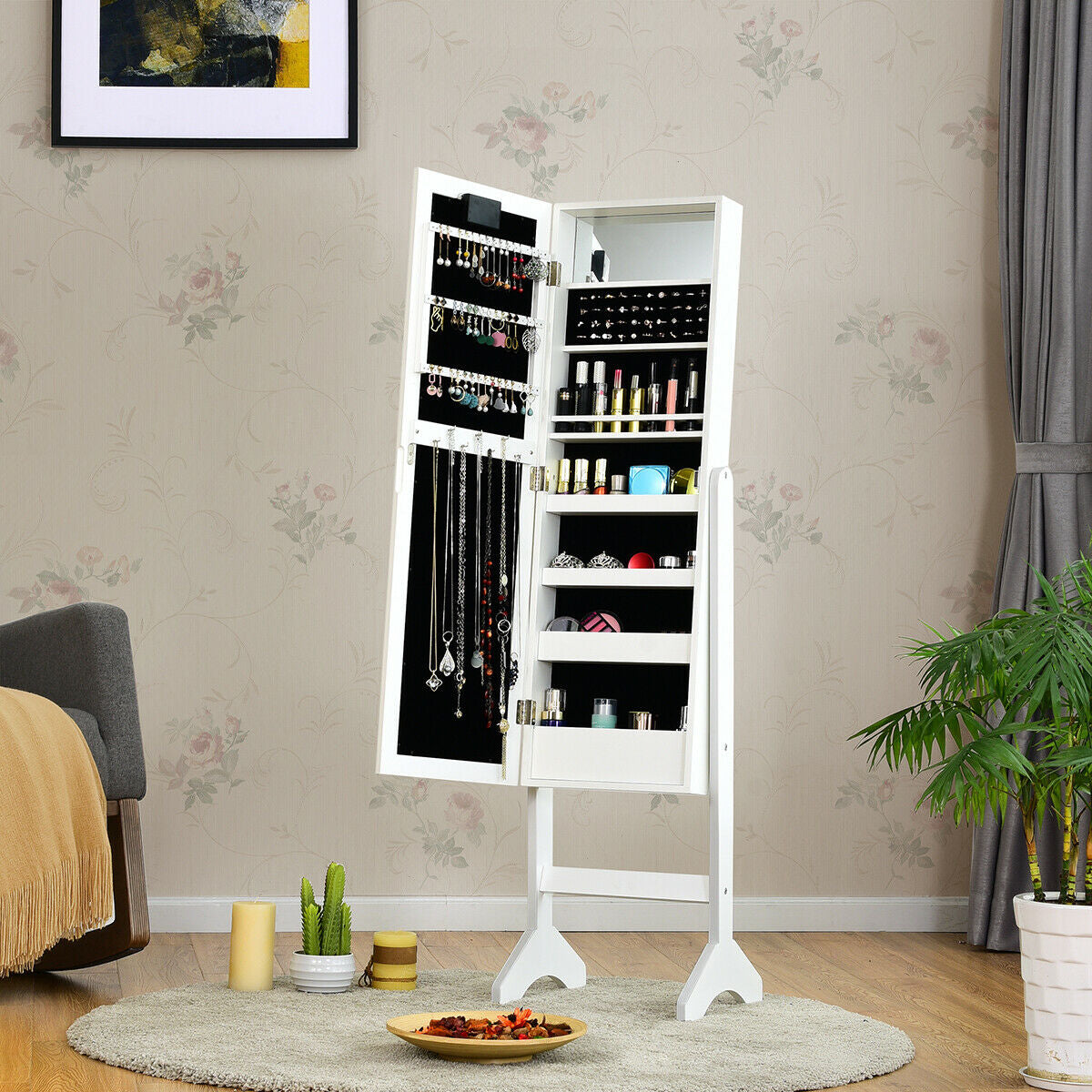Standing Jewelry Armoire with 18 LED Lights & Mirror