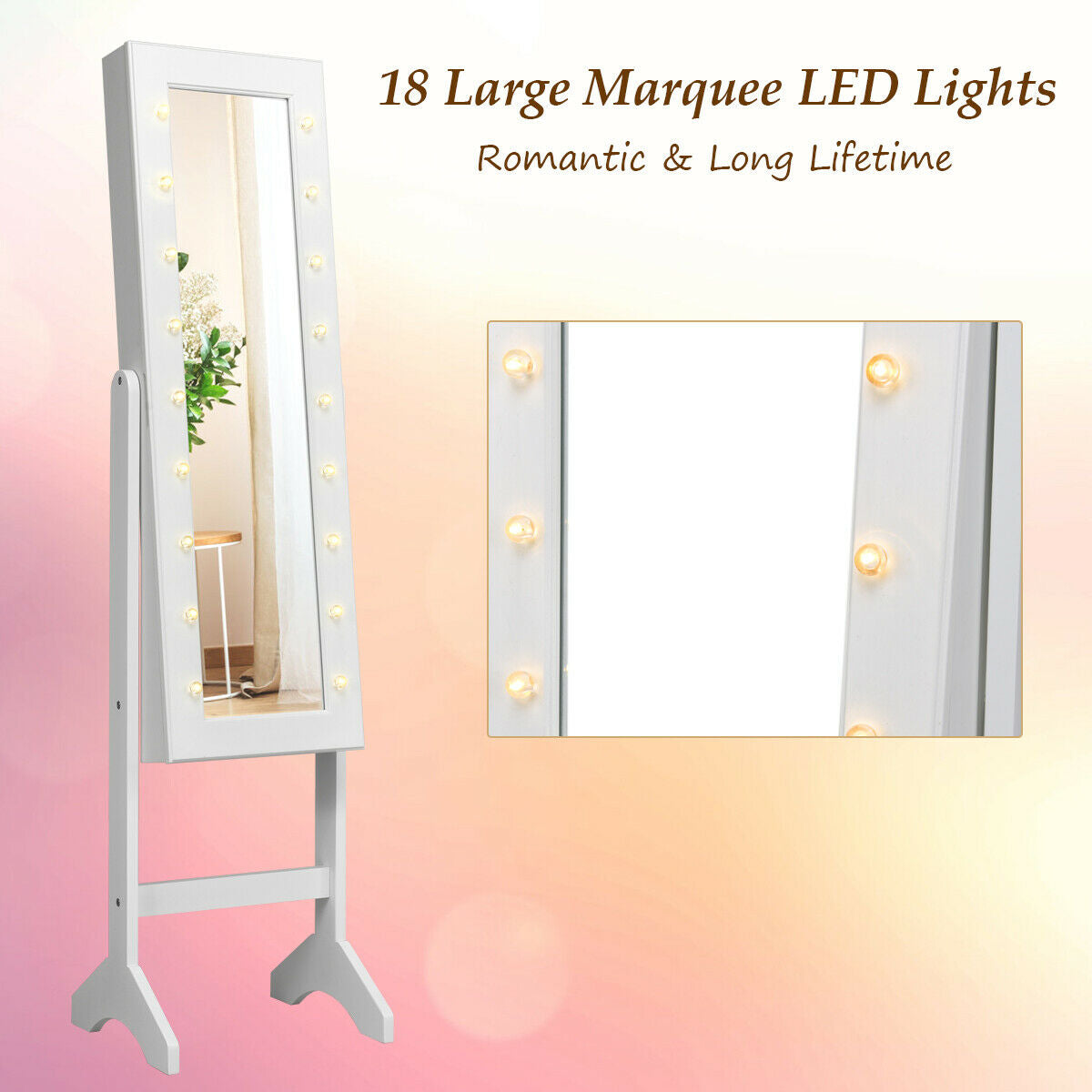 Standing Jewelry Armoire with 18 LED Lights & Mirror