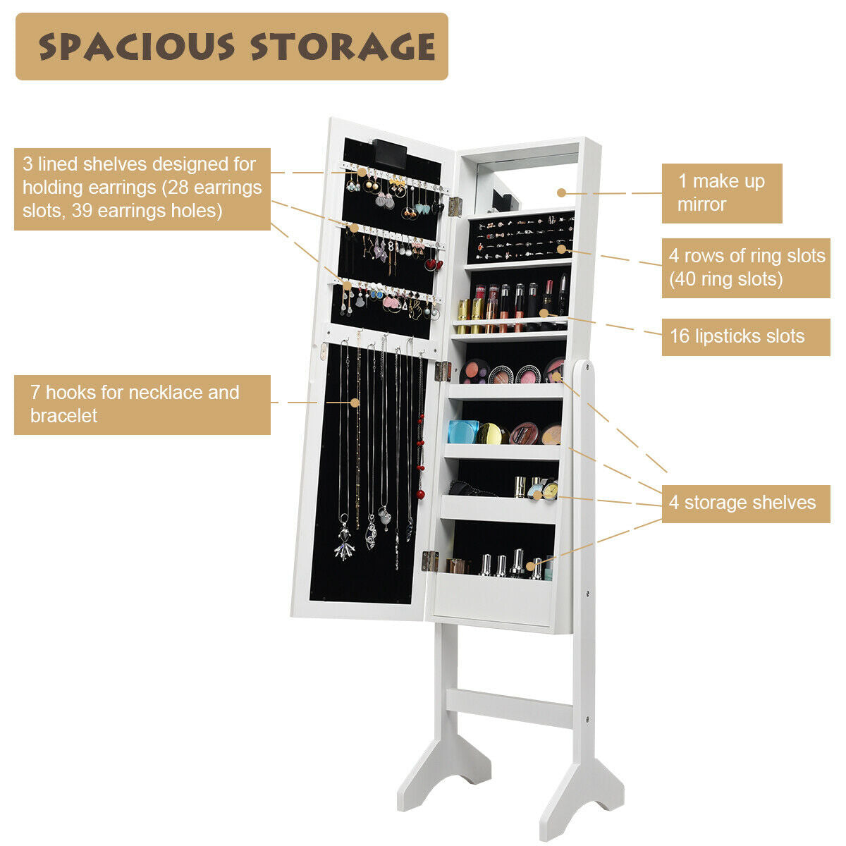 Standing Jewelry Armoire with 18 LED Lights & Mirror