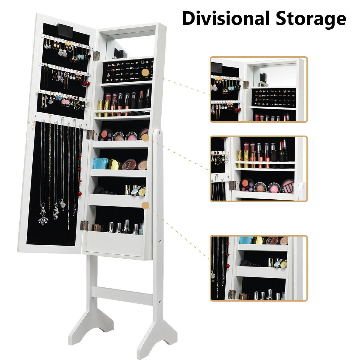 Standing Jewelry Armoire with 18 LED Lights & Mirror
