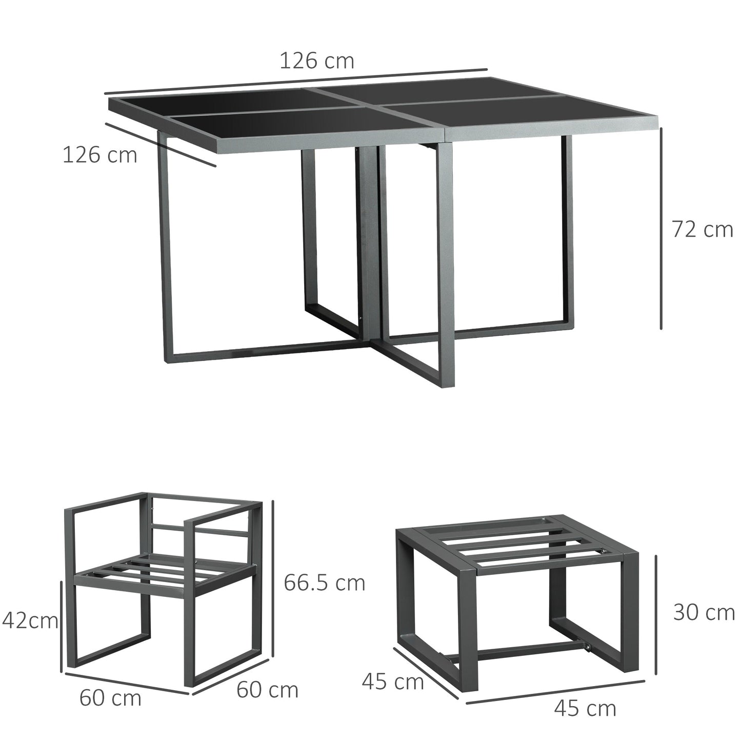 Outsunny 9-częściowy zestaw jadalny z aluminium na patio, zestaw oszczędzający miejsce z 4 krzesłami, 4 pufami, poduszkami, 8-osobowymi meblami ogrodowymi