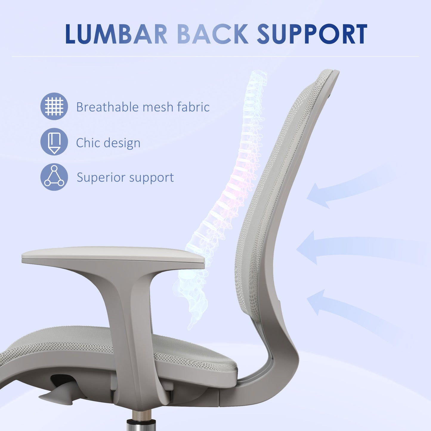 Vinsetto Office Chair, Breathable Mesh Swivel Desk Chair with Adjustable Height and 360 Degree Swivel Security Wheels for Home Office, Study, Grey