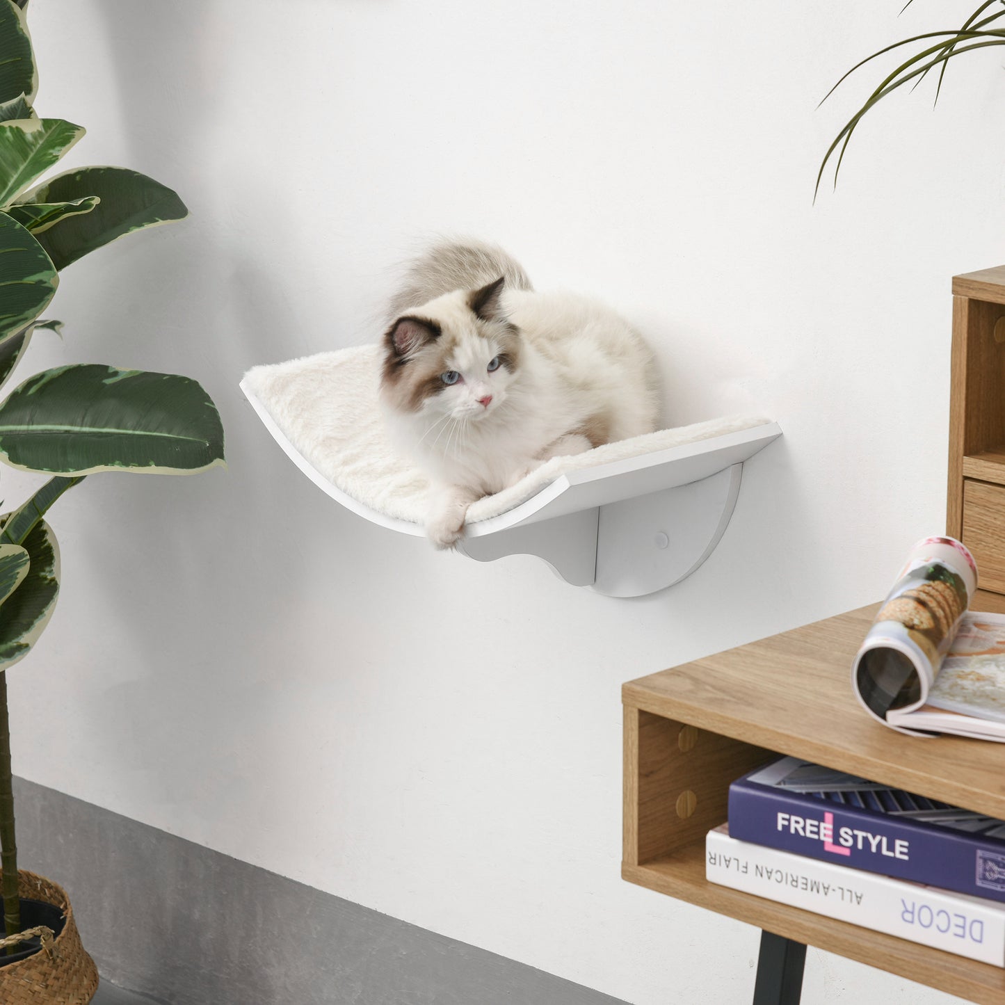 PawHut Drewniane Półki dla Kotów, Schronienie dla Kotów Montowane Na Ścianie, Zakrzywione Łóżko Dla Kota, Mebel Do Wspinaczki 41 x 28 x 21 cm Biały