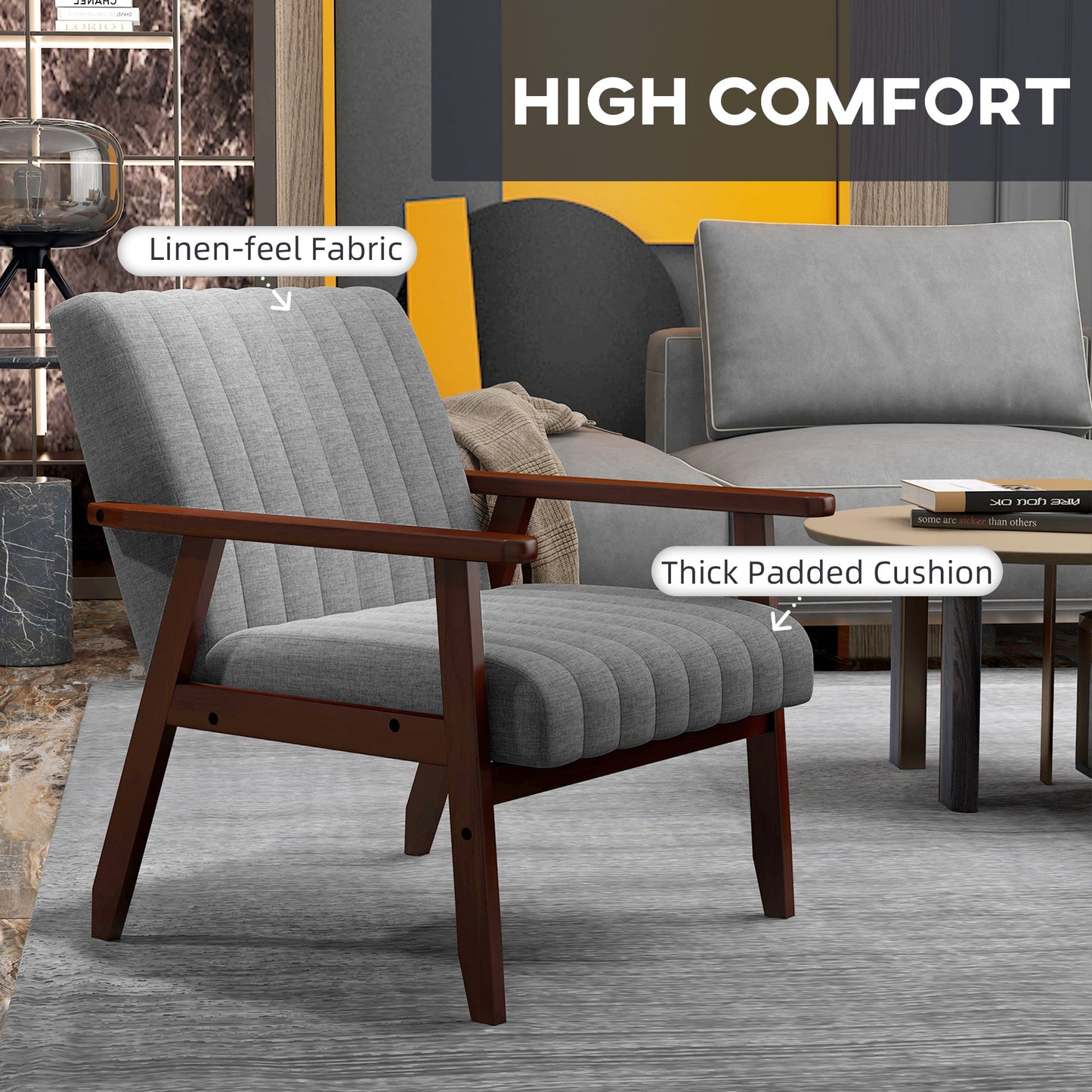 Fotel akcentowy HOMCOM Mid Century z drewnianymi nogami - szary