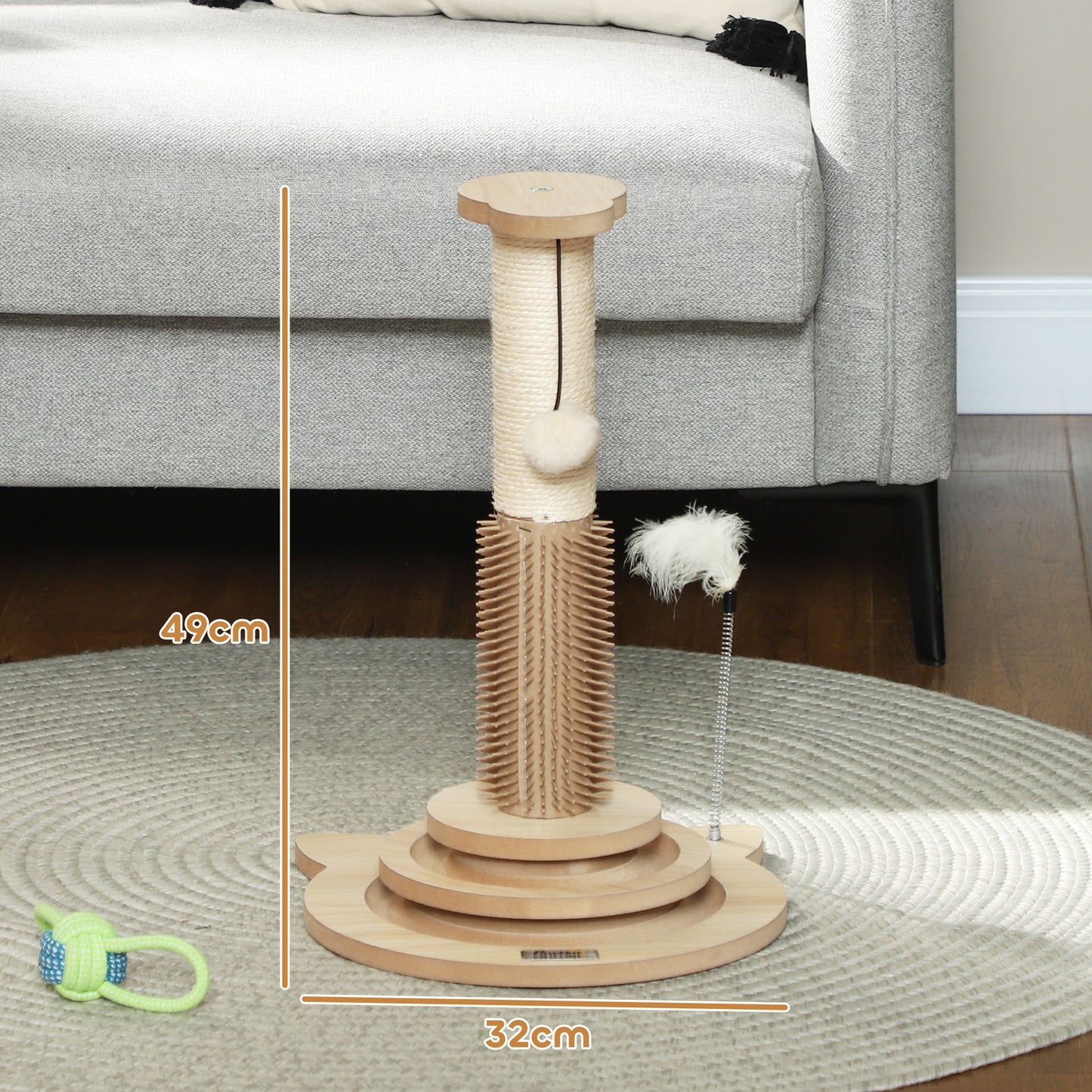 PawHut 49cm 5 in 1 Cat Scratching Post with Sisal Post, Track Ball, Self Grooming Brush, Hanging Toy Ball, Feather, Oak Tone