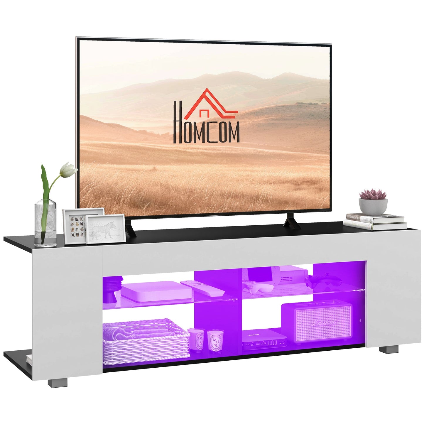 HOMCOM Szafka pod TV Multi-Shelf z regulowanymi światłami LED - biała