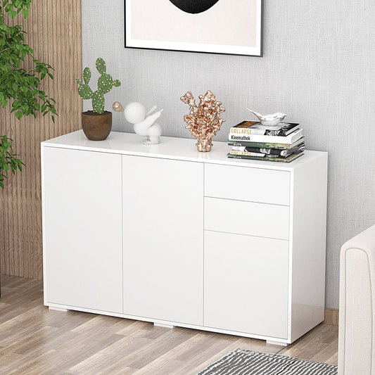 HOMCOM High Gloss Side Cabinet, Push-Open Design with 2 Drawers and 2 Cabinets for Living Room, 74H x 117W x 36Dcm, White