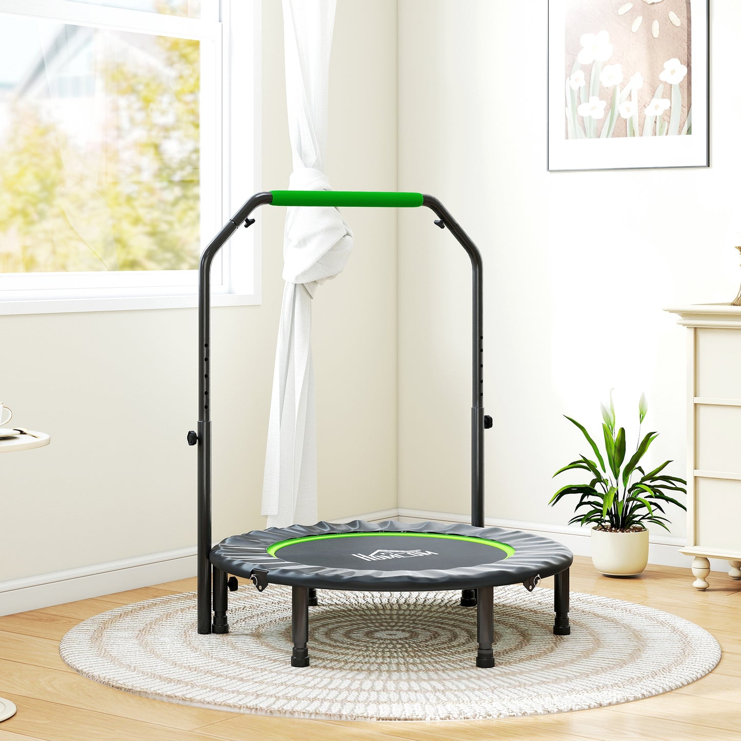 HOMCOM 40" Foldable Mini Fitness Trampoline, with Adjustable Foam Handle, Green