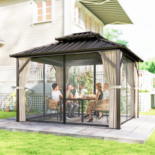 Outsunny 3x3.6 m Hardtop Gazebo Canopy with UPF50+ Double Galvanised Steel Roof, Aluminium Garden Gazebo Permanent Pavilion, Brown