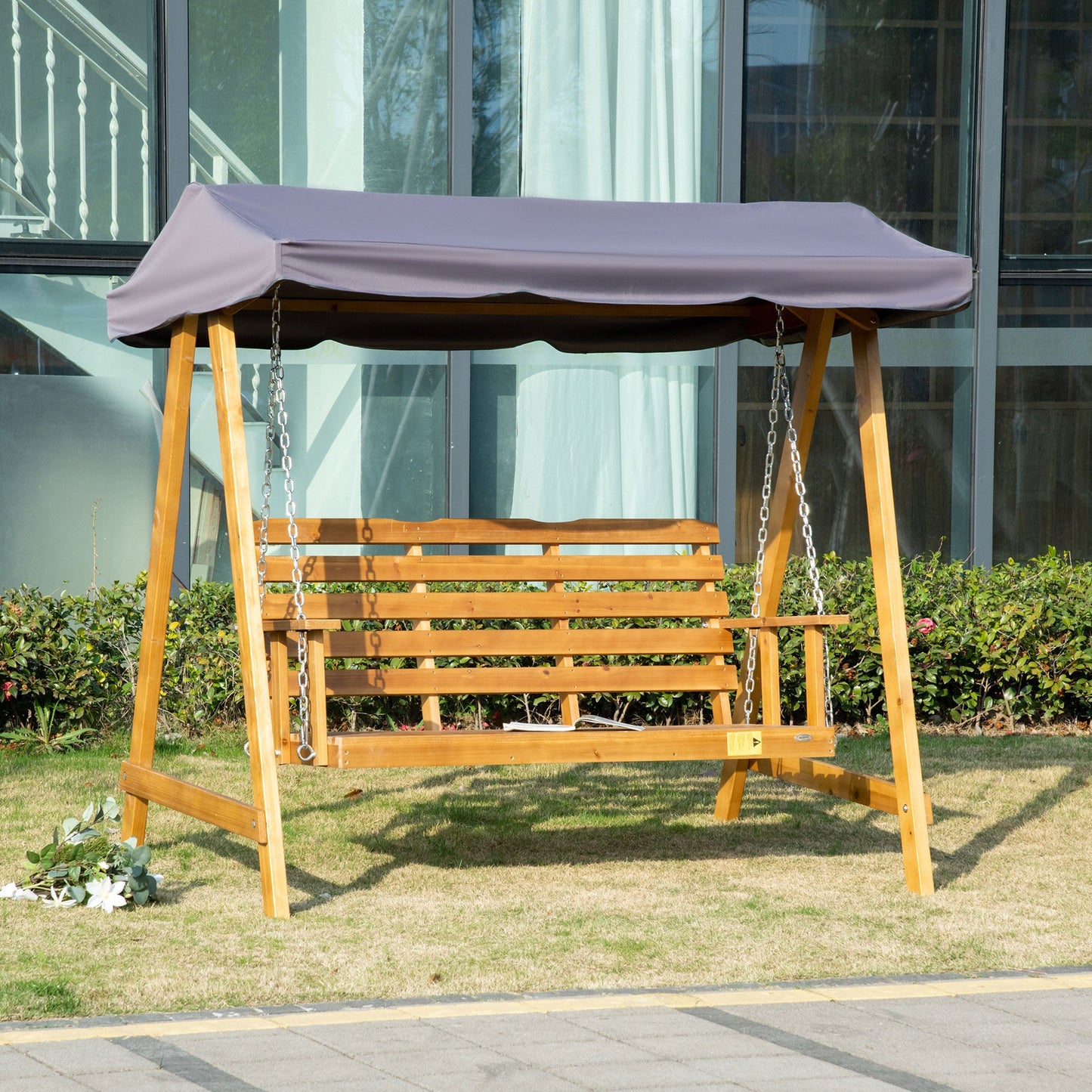 Outsunny 3 Seater Garden Swing Seat Swing Chair Outdoor Wooden Swing Bench Hammock with Adjustable Canopy