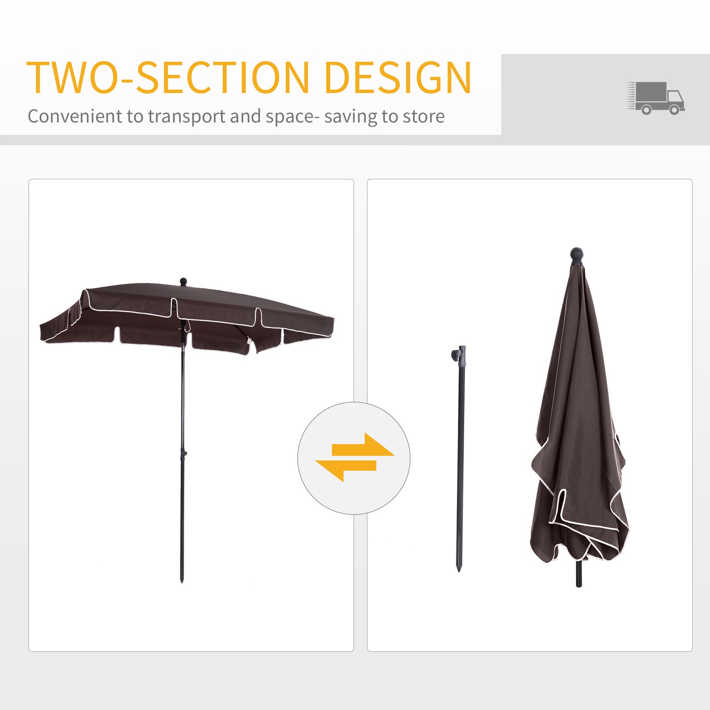 Outsunny Garden Parasol Parasol, Parasol ogrodowy na targowisko zewnętrzne z falbankami i aluminiowym drążkiem, prostokątny, uchylny daszek przeciwsłoneczny, 2 x 1,3 m, brązowy