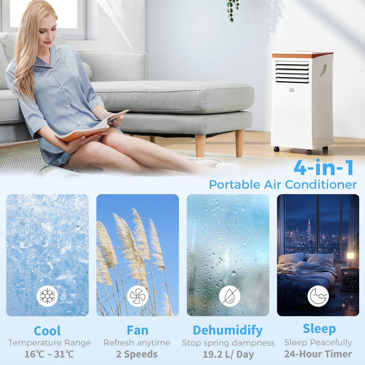 HOMCOM Portable Air Conditioner 7000 BTU, 4-in-1 Air Conditioning Unit with Cooling, Fan, 19.2L/Day Dehumidifier & Sleep Mode, LED Display, Remote Control, 24H Timer, Window Kit for Rooms up to 26㎡