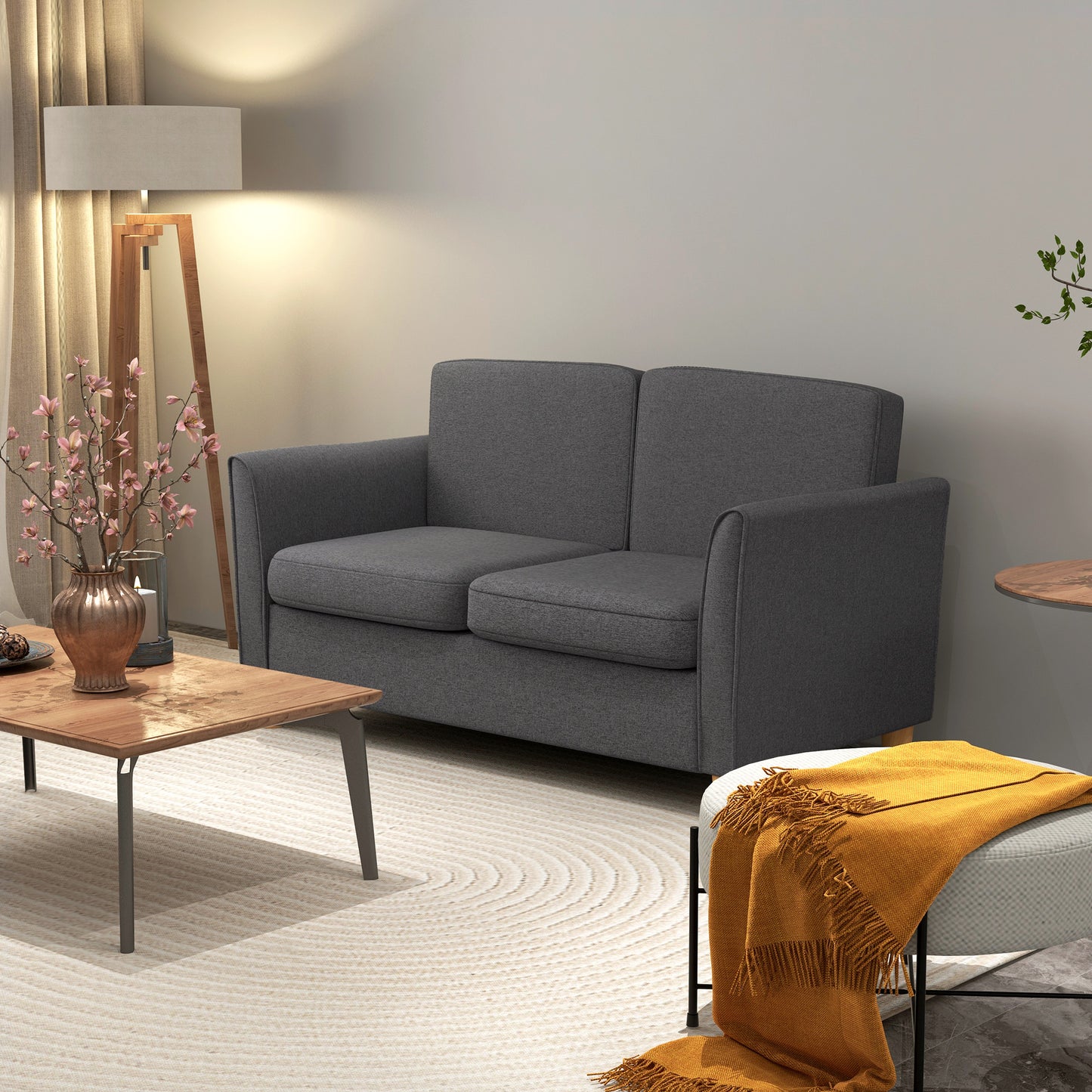 HOMCOM Kompaktowa Sofa Dwuosobowa, Nowoczesna Sofa Dwuosobowa Do Salonu Z Drewnianymi Nogami I Podłokietnikami, Ciemnoszara