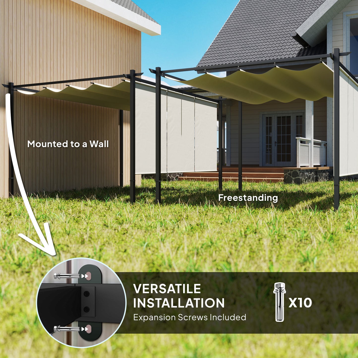 Outsunny 3 x 4m Metalowa pergola z chowanym dachem i roletą, montowana na ścianie lub wolnostojąca ogrodowa altana z baldachimem, UPF30+ zewnętrzna osłona przeciwsłoneczna, beżowa