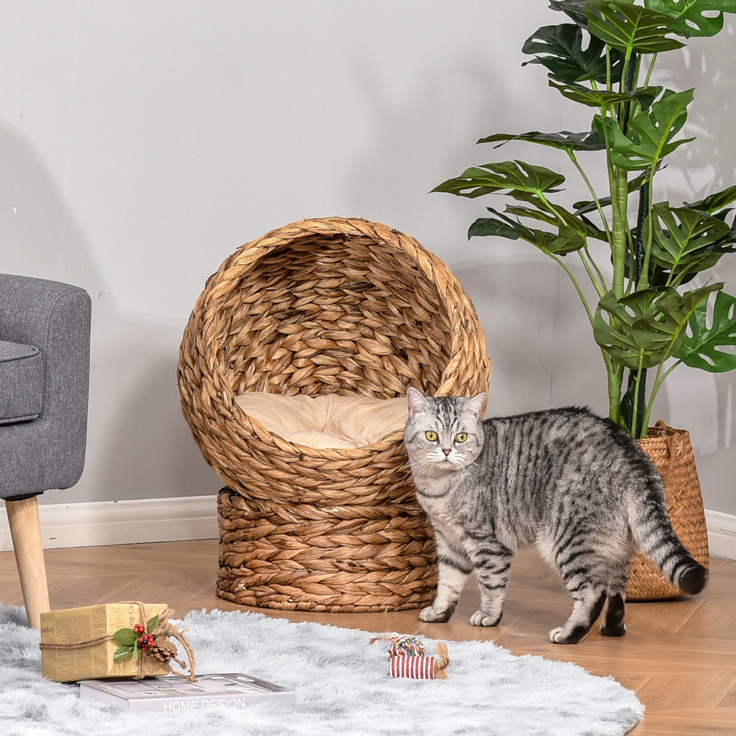 PawHut Wicker Cat Bed, Podwyższony Rattanowy Kosz dla Kota z Cylindryczną Podstawą, Miękka Zmywalna Poduszka, 42 x 33 x 52 cm - Brązowy