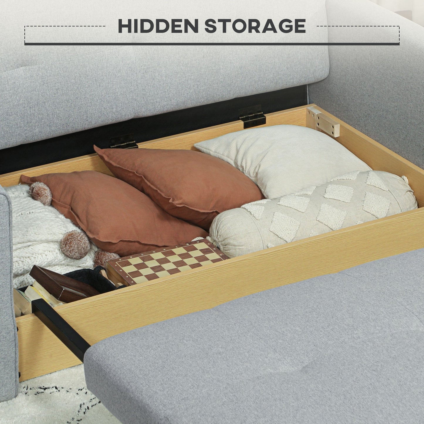 HOMCOM 2 Seater Sofa Bed with Hidden Storage, Pull Out Convertible Bed Settee, Modern Linen Loveseat Sofa Sleeper with 2 Cushions for Living Room, Guest Room, Light Grey