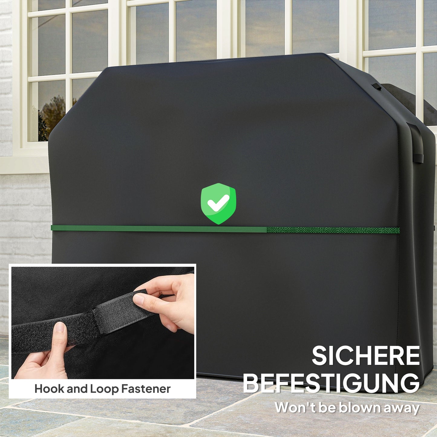 Pokrowiec Outsunny BBQ na prostokątny grill gazowy, 600D UPF30+ Oxford Fabric Barbecue Cover zapewniający wodoodporną ochronę i odporność na rozdarcia, z wiatroszczelnymi zapięciami na rzepy, otwory wentylacyjne, 147 x 61 x 122 cm, czarny