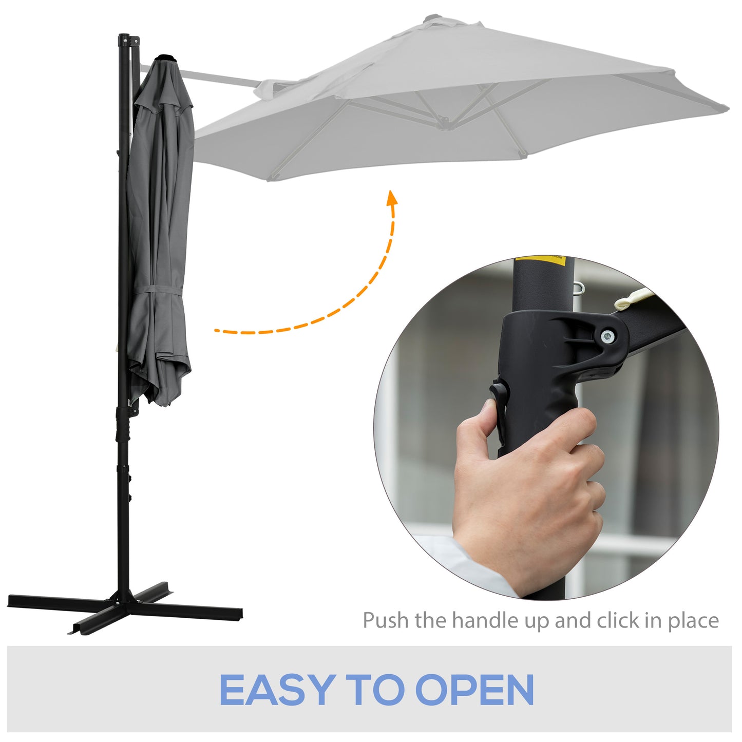 Outsunny 2.5M Garden Cantilever Parasol, Offset Roma Patio Umbrella Hanging Sun Shade Canopy Shelter with 360° Rotation and Cross Base, Dark Grey