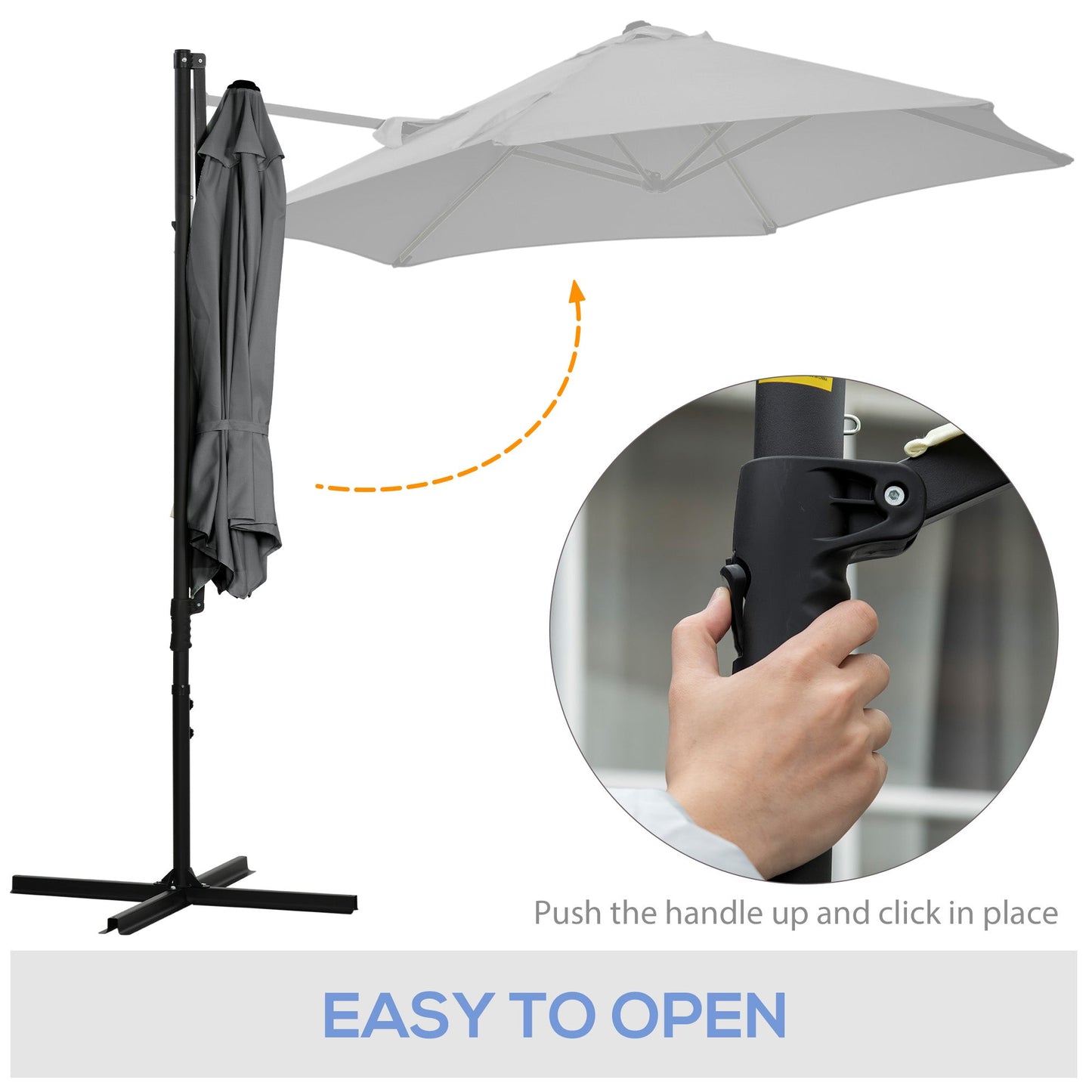 Outsunny 2,5M parasol ogrodowy, parasol tarasowy Roma Offset, wiszący, z baldachimem przeciwsłonecznym, z obrotem 360° i podstawą krzyżową, ciemnoszary