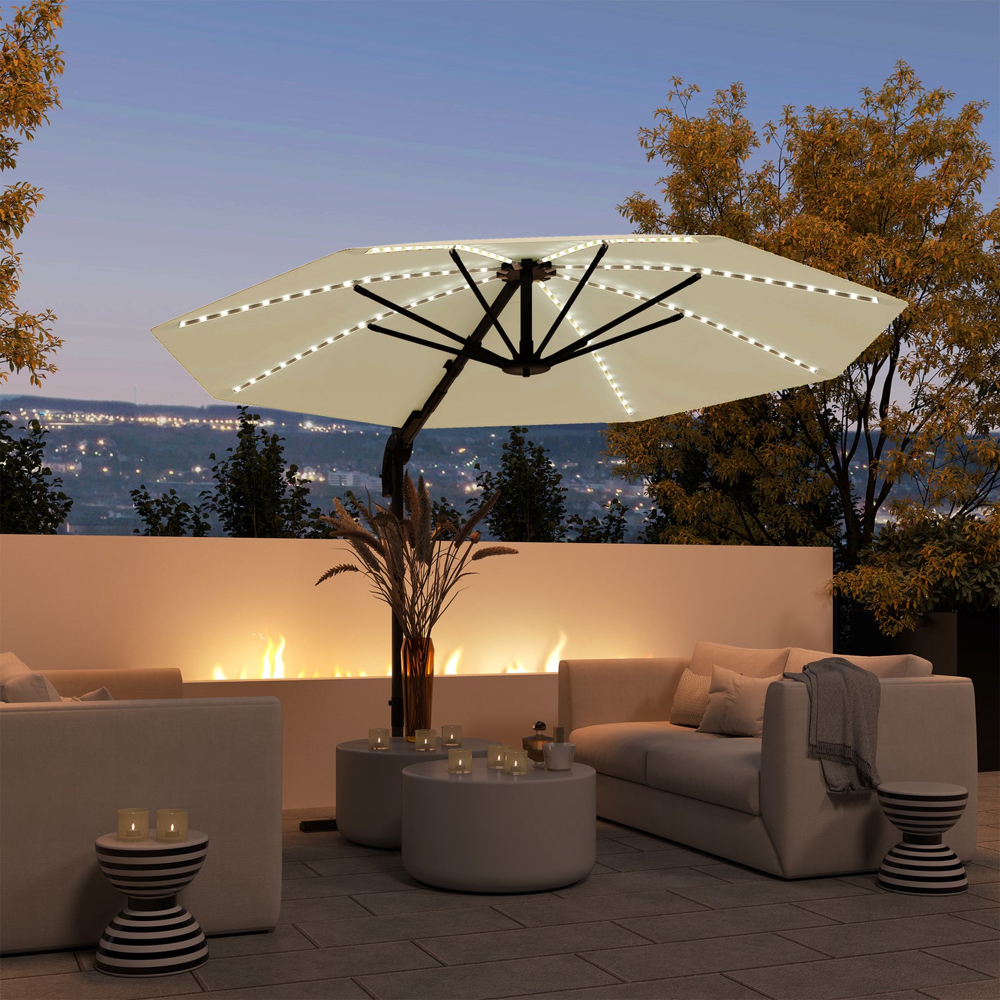 Outsunny 3(m) parasol ogrodowy Cantilever z lampami zasilanymi energią słoneczną, korbką i podstawą krzyżową, UPF 50+, obrót 360√Ǭ∞, kremowy