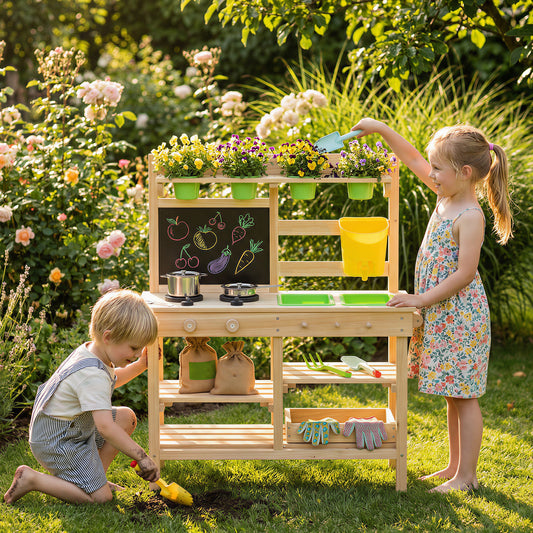 AIYAPLAY Kids Mud Kitchen, Outdoor Wooden Play Kitchen with Kitchenware & Garden Tools, Pretend Play Outdoor Toys, Natural