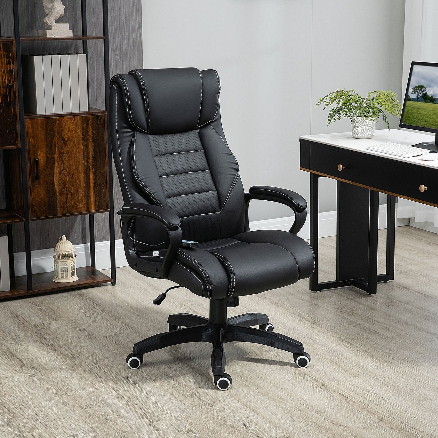 Vinsetto Office Chair with 6-Point Maaage and Back Heat, PU Desk Chair with Padded Seat and Armrest, Computer Chair with Tilt Function for Home, Black