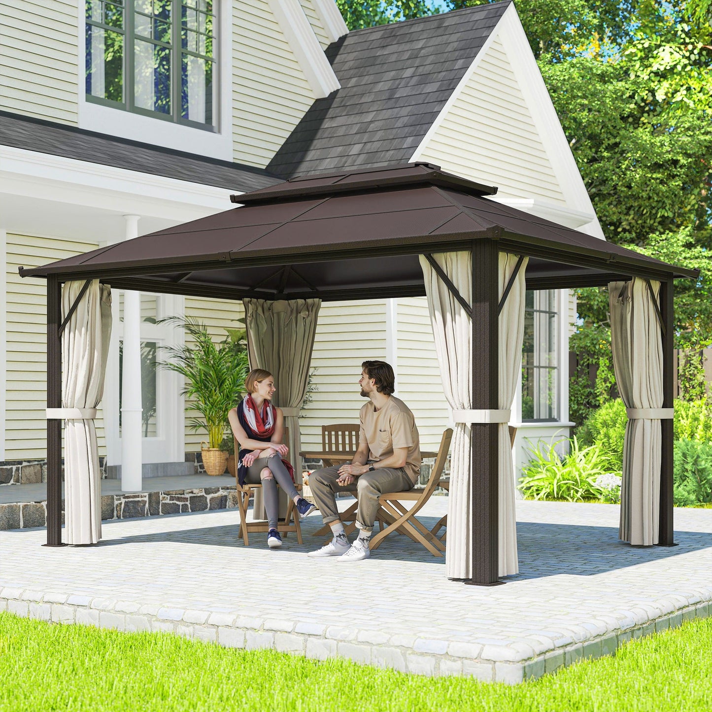 Altana ogrodowa Outsunny 3 x 4 m Hardtop z podwójnym dachem z poliwęglanu UPF30+, aluminiowa rama, stały pawilon z moskitierą i zasłonami na patio, taras, beżowa