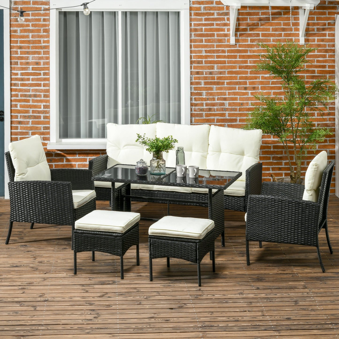 Zestaw mebli ogrodowych Outsunny 5 Seater Rattan, 2 fotele, 3-osobowa sofa wiklinowa, 2 podnóżki i szklany stolik, 6-częściowy zestaw mebli ogrodowych z rattanu z poduszkami do ogrodu zimowego, biały