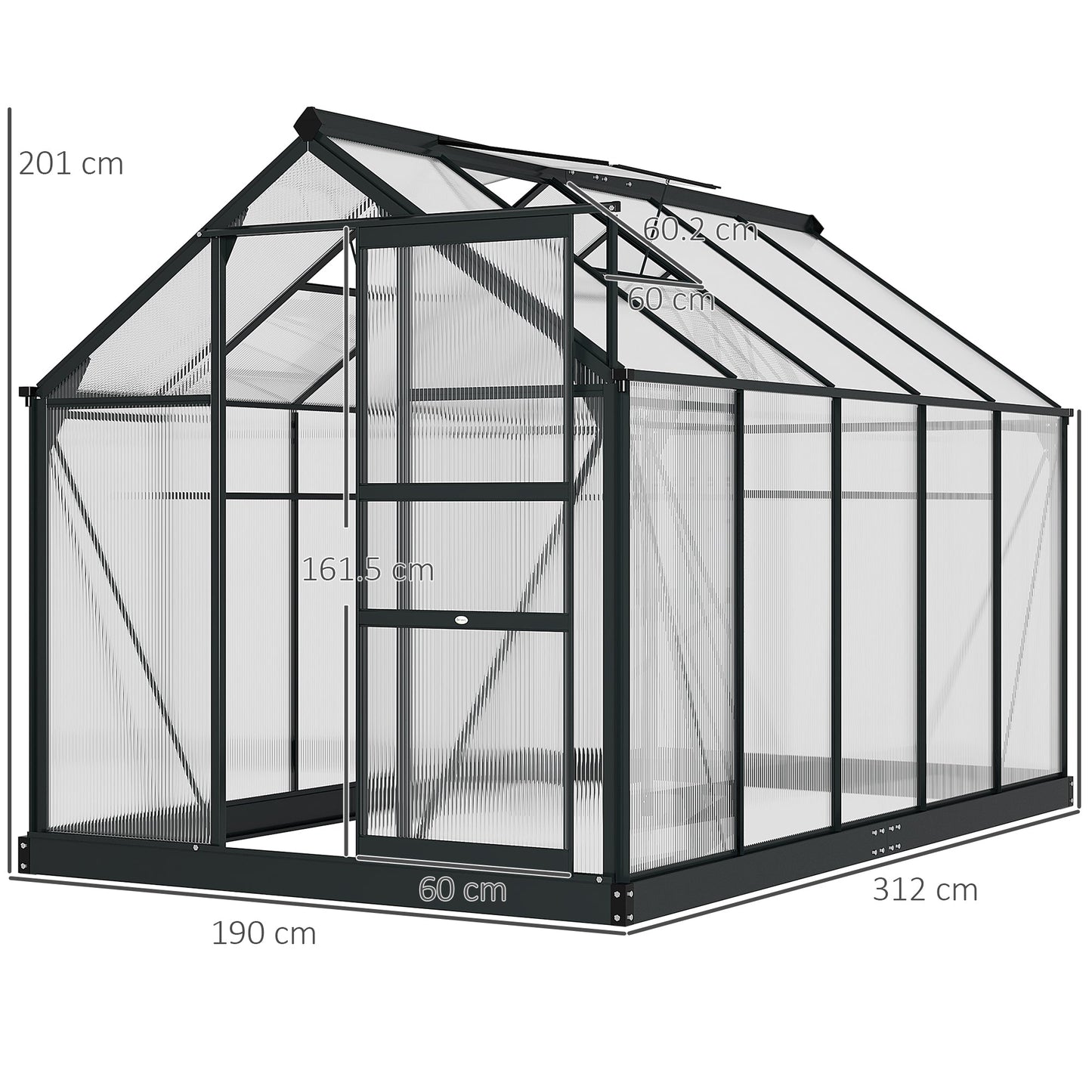 Outsunny 6 x 10ft Poliwęglanowa szklarnia, duża szklarnia z drzwiami przesuwnymi i oknem, domek do uprawy roślin ogrodowych z aluminiową ramą i fundamentem, szara