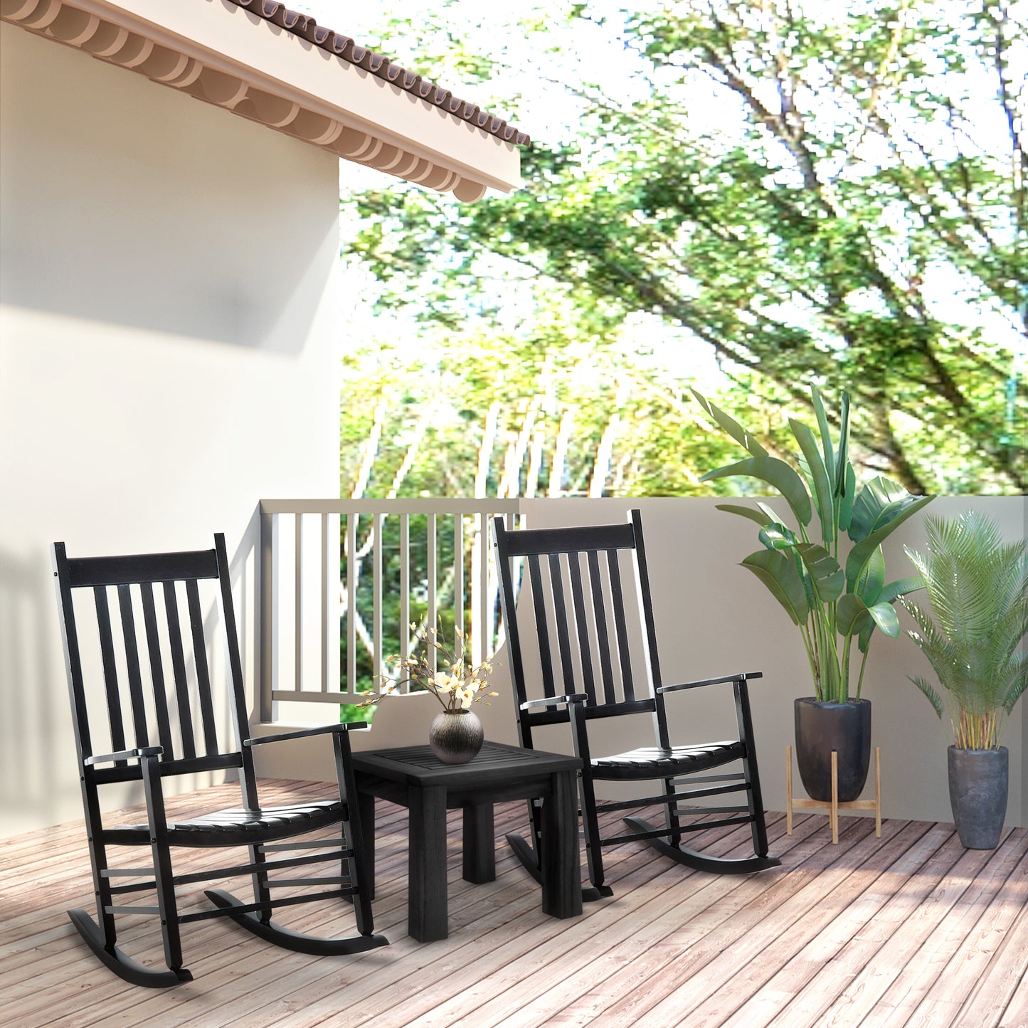 Outsunny Outdoor Porch Rocking Chair Fotel Drewniany Patio Rocker Balkon Taras Ogród Siedzisko Czarny