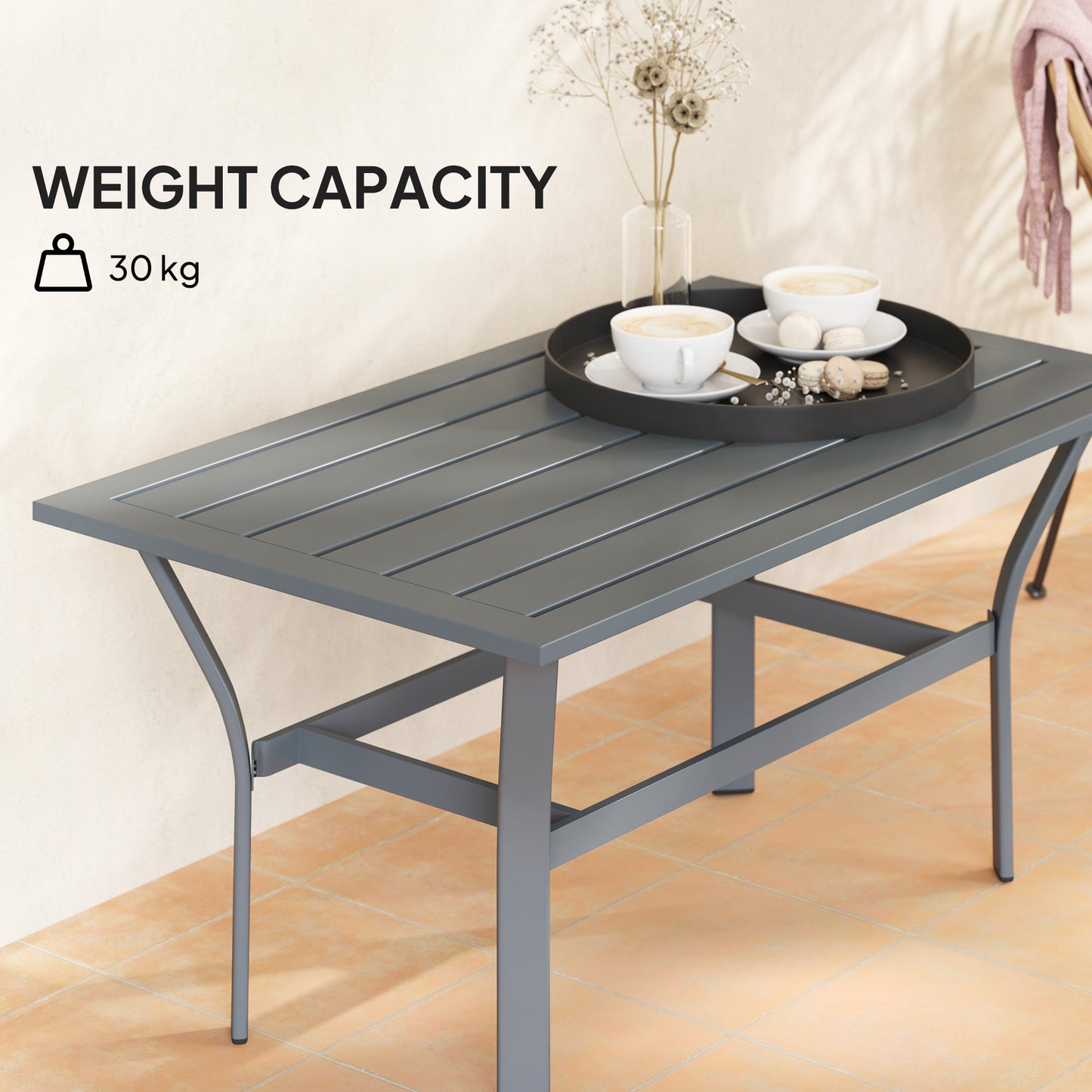 Outsunny Metal Garden Coffee Table, Rectangular Outdoor Side Table with Slatted Tabletop, Foot Pads for Outside, Garden, Balcony, Porch, 91.5 x 55 x 45cm, Dark Grey
