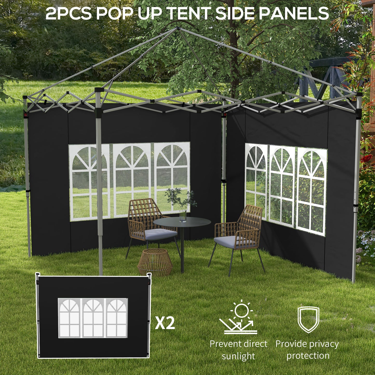 Panele boczne do altany Outsunny, wymiana boków z oknem do altany typu pop-up 3x3(m) lub 3x4m, 2 sztuki, czarne