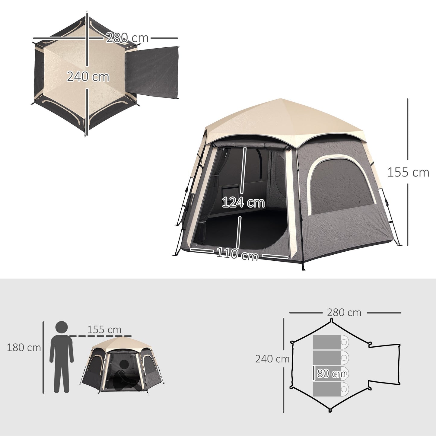 Outsunny Instant Pop Up Camping Tent, 2/3/4 osobowy łatwy w rozkładaniu namiot rodzinny z przedsionkiem, tropikiem, 4 oknami z siatki i 2 drzwiami, sześciokątny design, wodoodporny i z ochroną UV, ciemnoszary