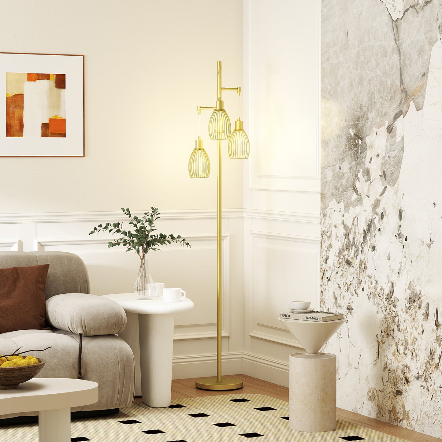 HOMCOM 3-Light Floor Lamp, 170cm Industrial Dimmable Standing Lamp with Steel Wire Cage Lampshades for Living Room, Bedroom, Dining Room, Study, Gold Tone